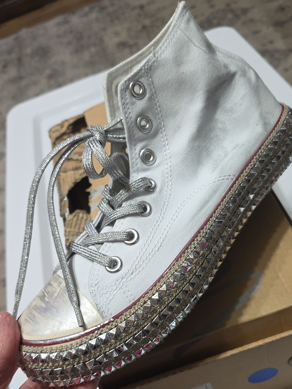 White Canvas High-Top Sneaker with Silver Studded Platform - Picture 2 of 4